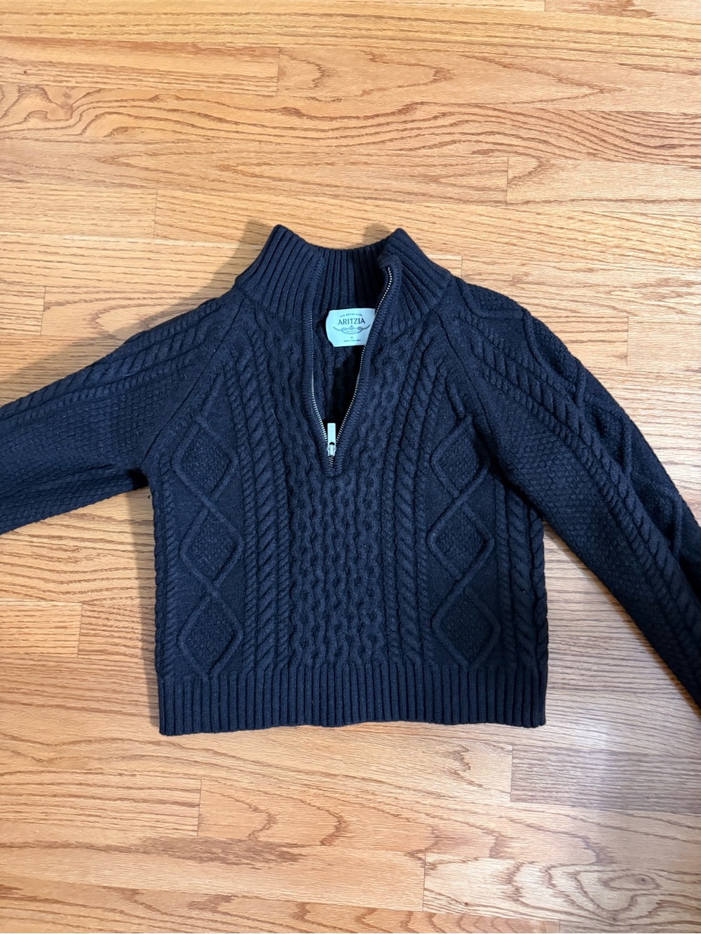 Aritzia Brown Cable-Knit Half-Zip Mock Neck Sweater Merino Wool